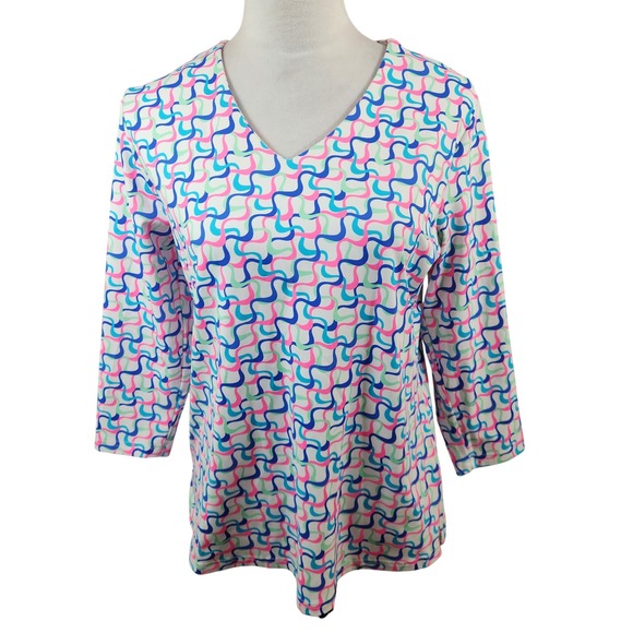 Lulu B Womens Medium V Neck Long Sleeve Top Colorful Swirl Print Stretch Blouse - Picture 7 of 7